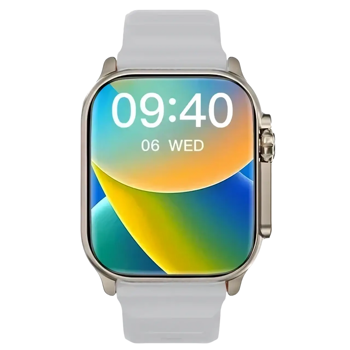 White silicone watch band with silver-toned case and colorful gradient screen of t10 ultra smart watch 49mm gps bluetooth call