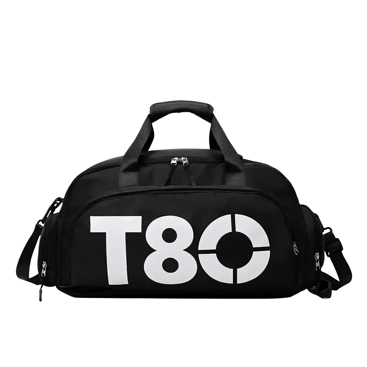 Black t80 gym duffel bag with bold white logo dual zippers and shoe compartment for organized storage