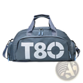 Gray t80 gym duffel bag with shoe compartment featuring white logo and light blue zipper pulls for organized storage