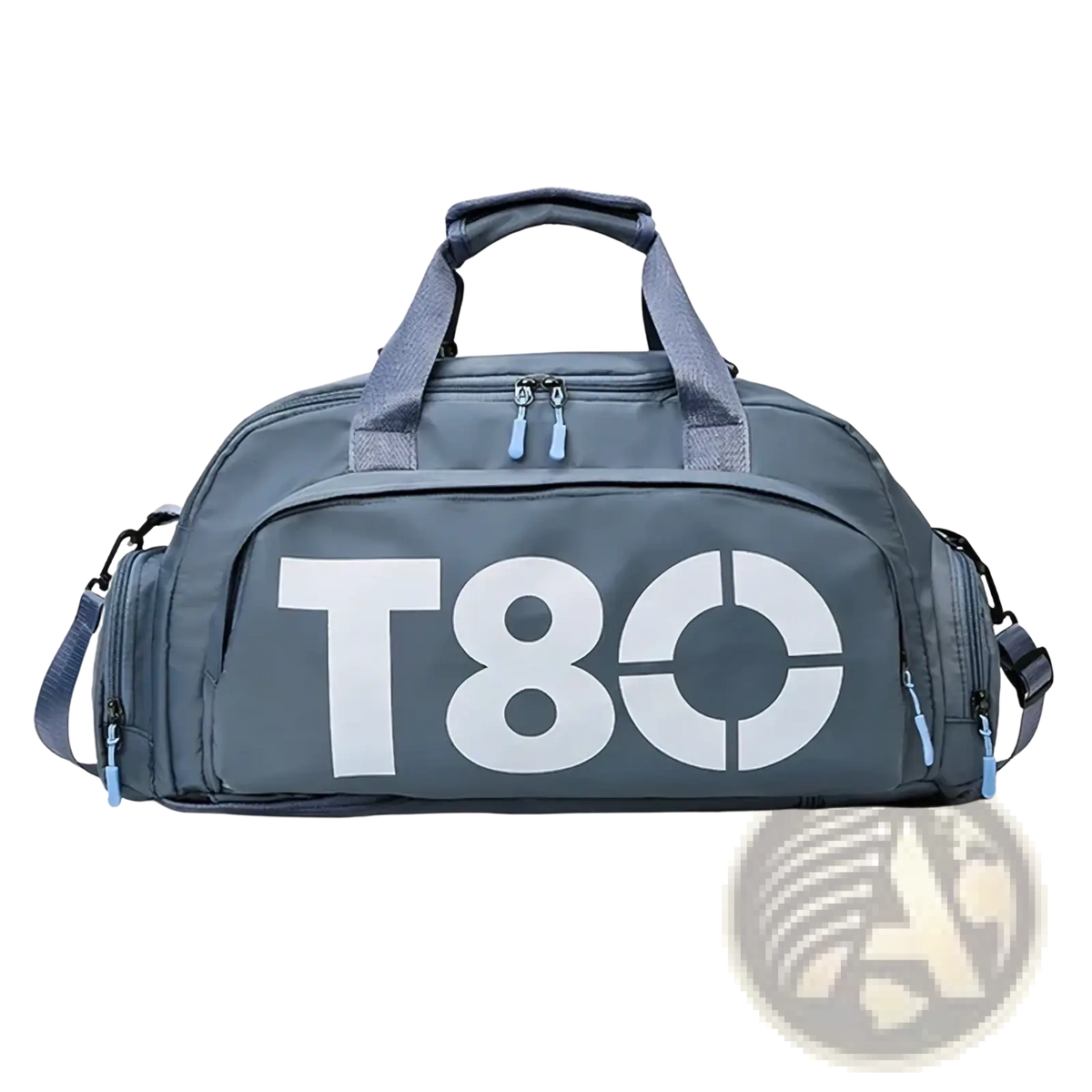 Gray t80 gym duffel bag with shoe compartment featuring white logo and light blue zipper pulls for organized storage