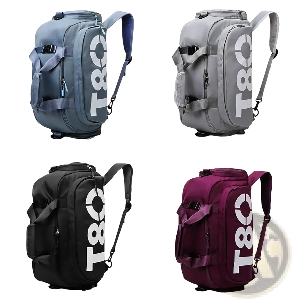 Durable multi-colored t80 gym duffel bag with bold white branding and shoe compartment for organized storage