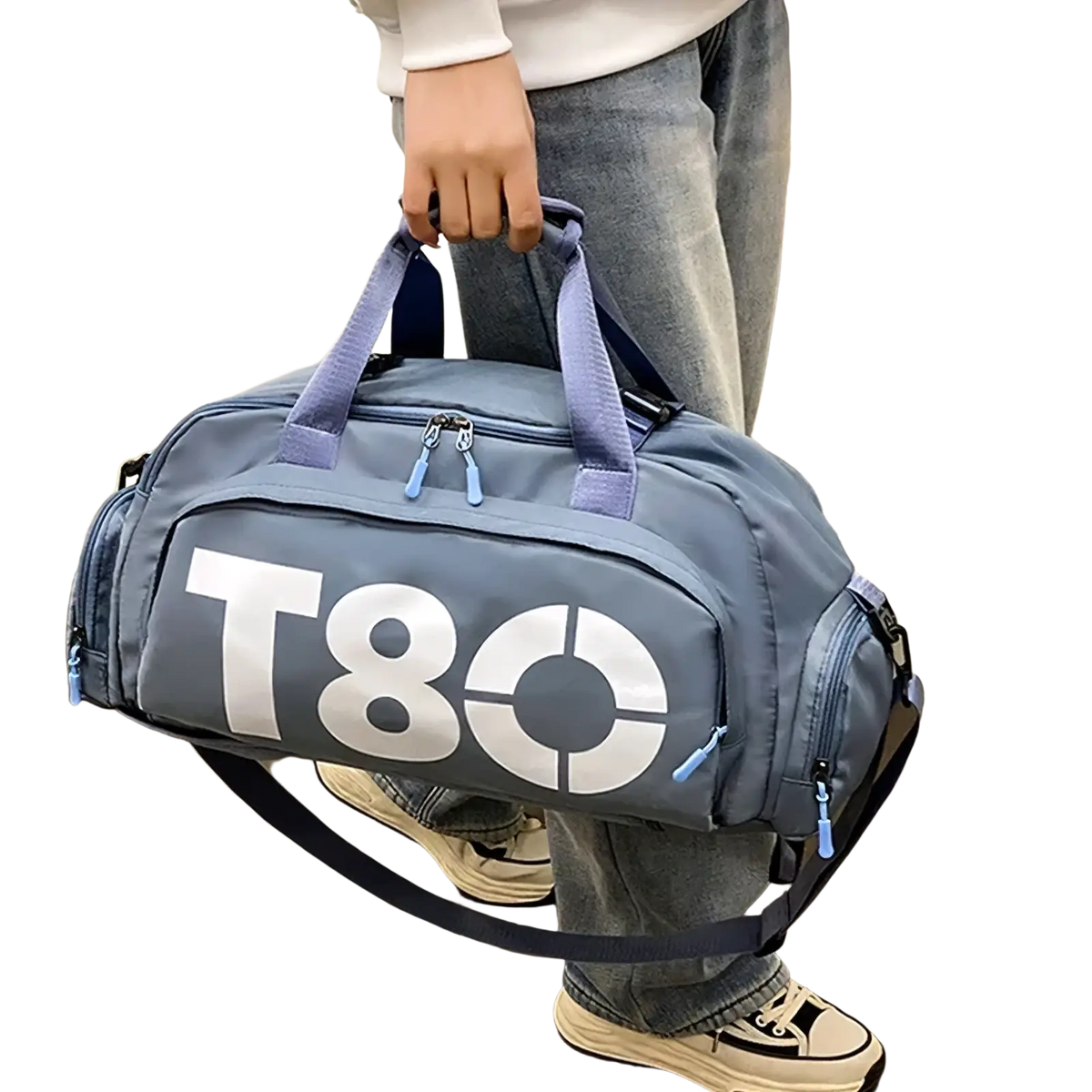 T80 gym duffel bag in gray with light blue zippers handles bold white logo and shoe compartment for gym use