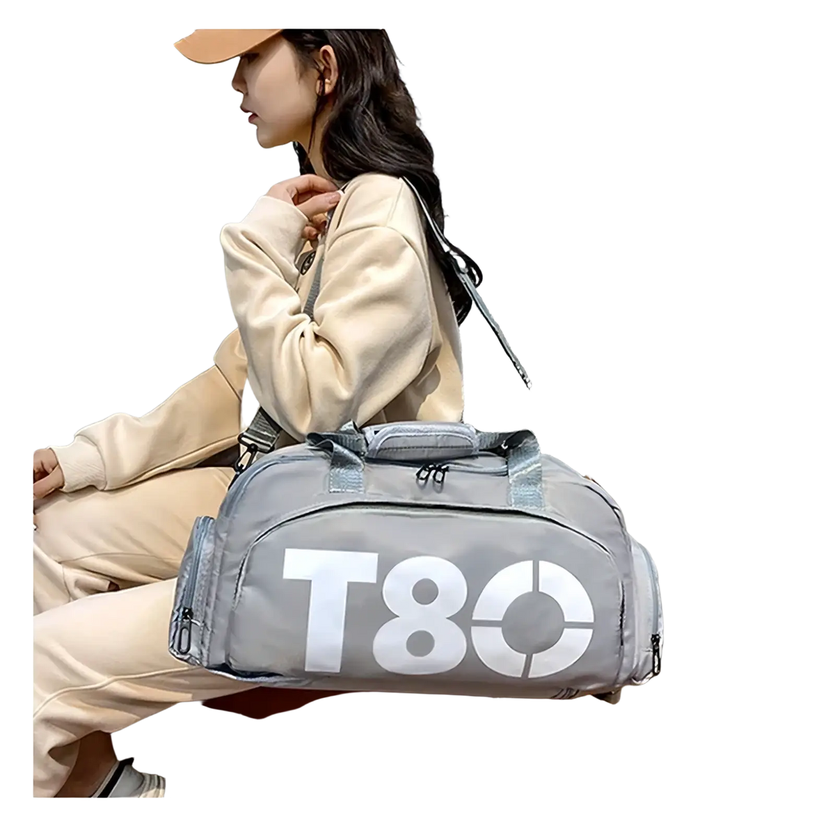 Gray t80 gym duffel bag with reinforced handles white lettering and shoe compartment for organized storage