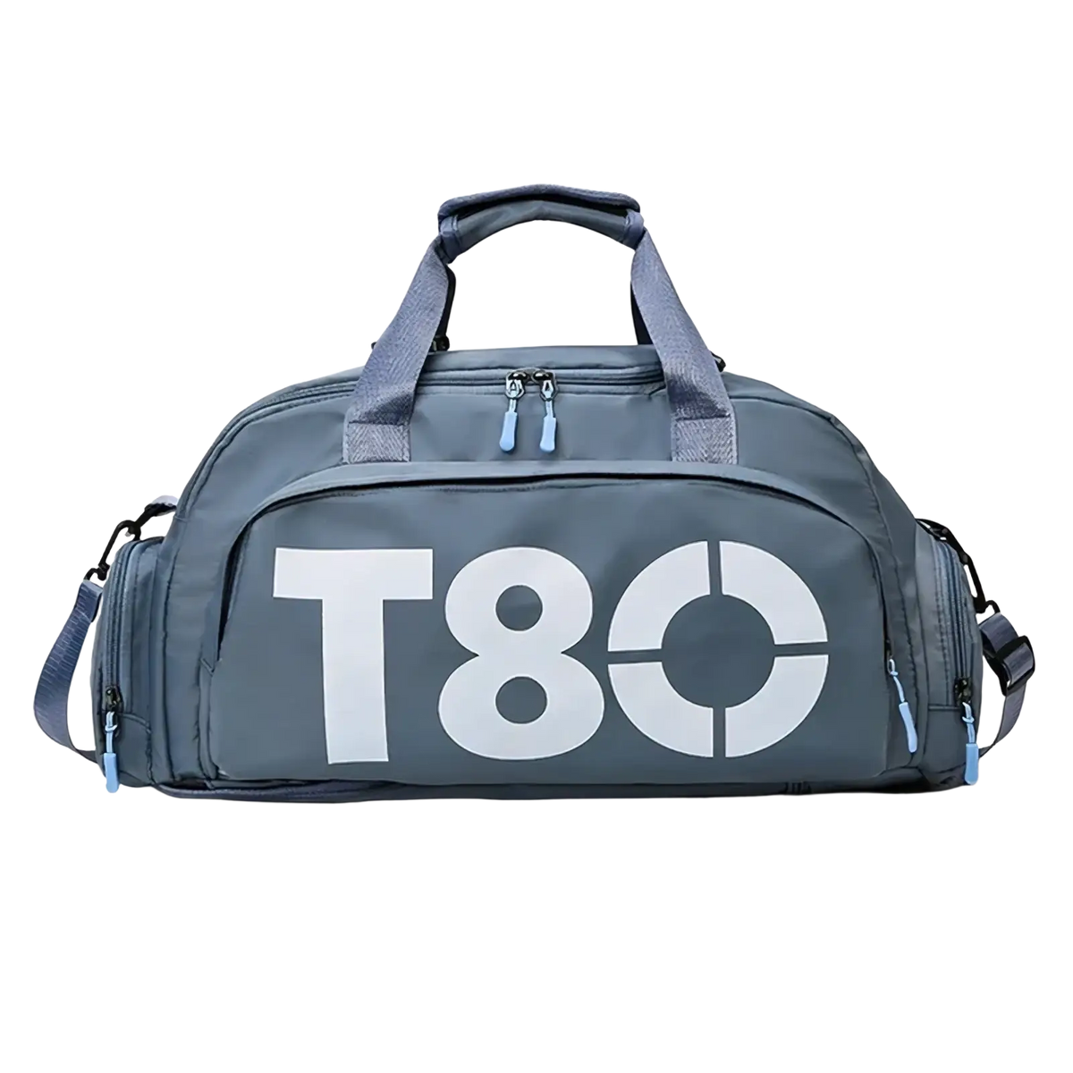 Gray t80 gym duffel bag with shoe compartment featuring white logo and light blue zipper pulls for organized storage