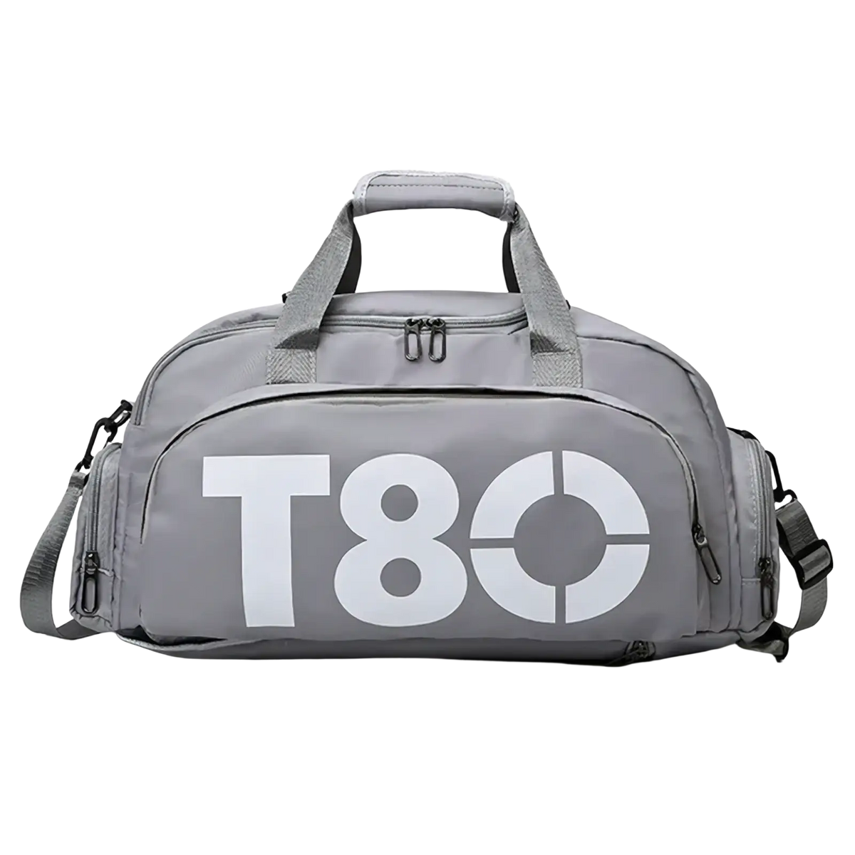 Gray t80 gym duffel bag with multiple zippers, white logo, and shoe compartment for organized sports use