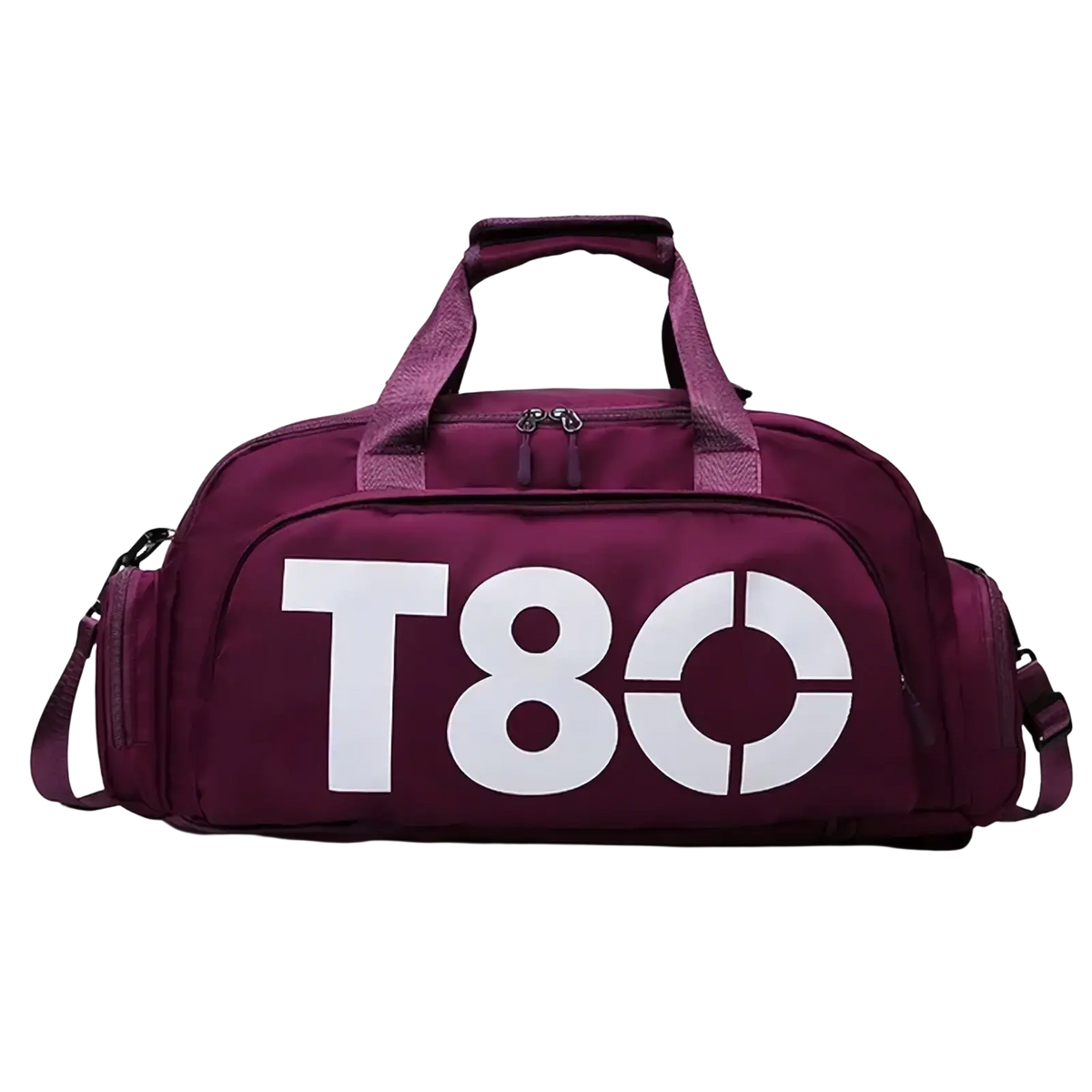 Maroon t80 gym duffel bag with shoe compartment white logo and dual top handles for sports and travel use
