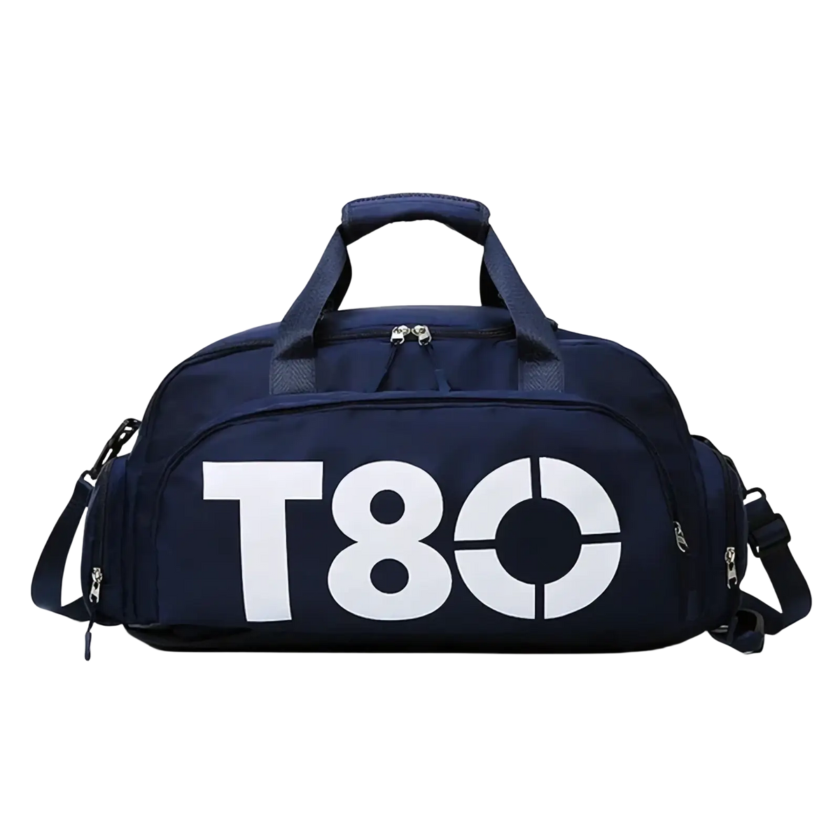Navy blue t80 gym duffel bag with white bold lettering and zippers featuring a shoe compartment for sports use