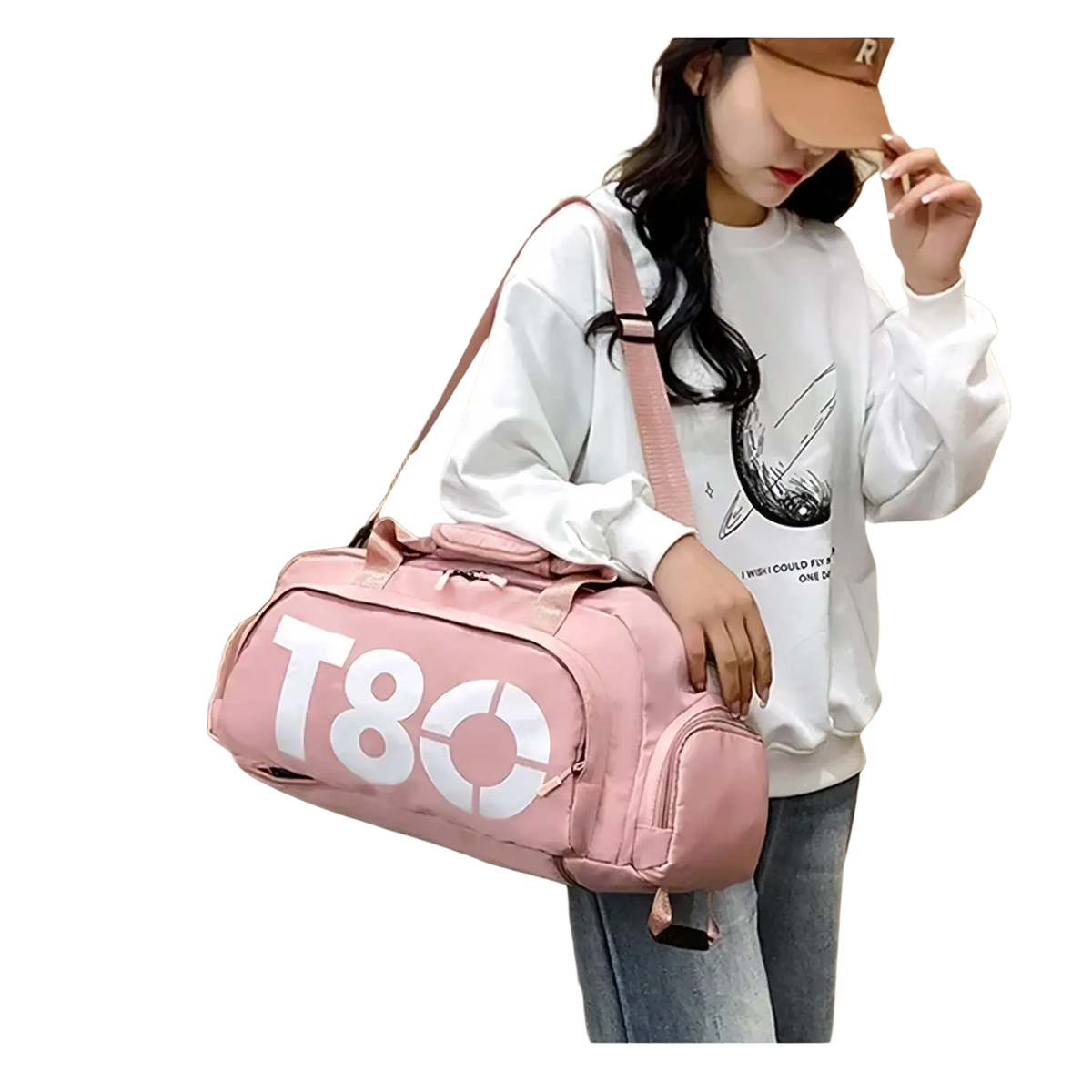 Pink t80 gym duffel bag with white lettering and matching shoulder strap featuring a shoe compartment