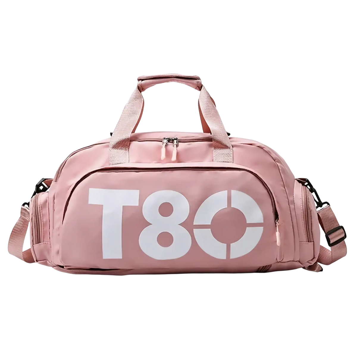 Pink t80 gym duffel bag with white logo and adjustable shoulder strap featuring a shoe compartment for convenience