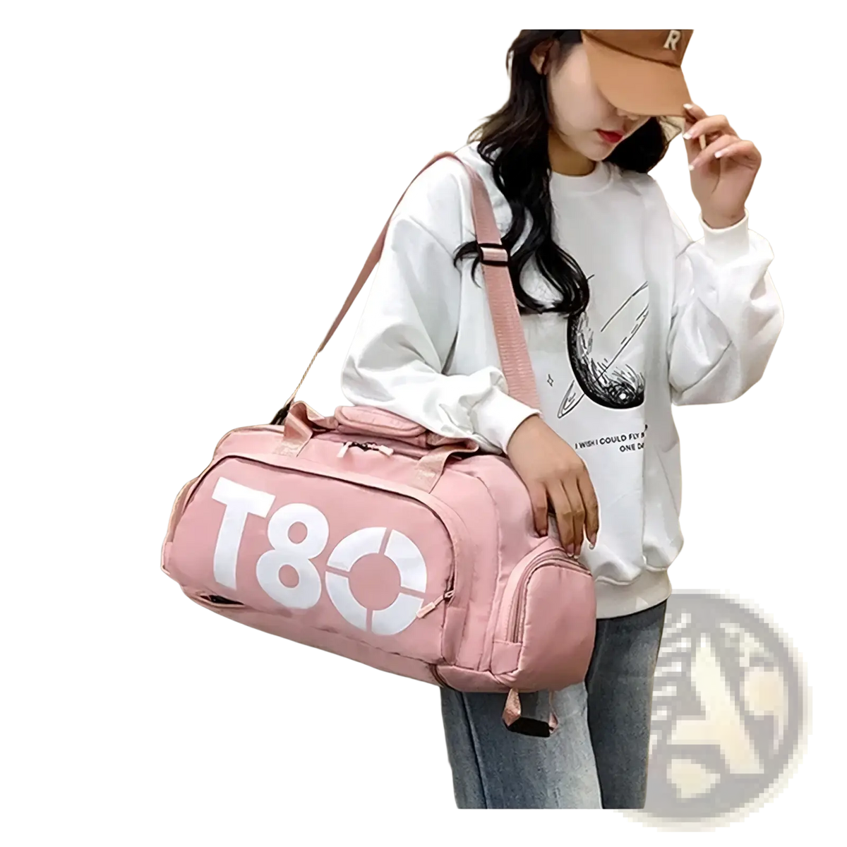 Pink t80 gym duffel bag with white lettering and matching shoulder strap featuring a shoe compartment