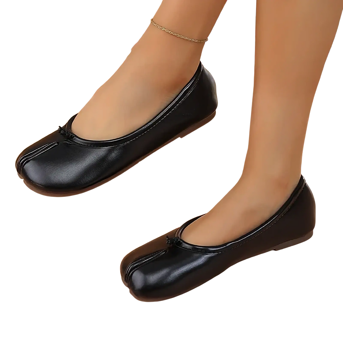 Black leather Tabi flat shoes featuring a distinctive toe design and subtle stitching details for elegant wear