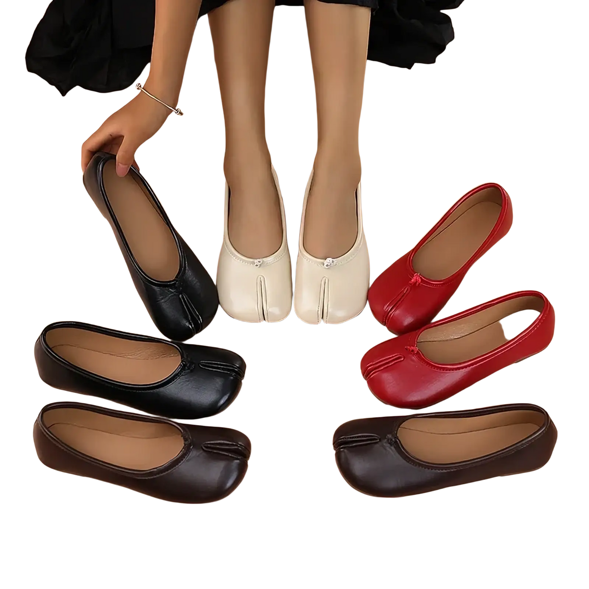 Black leather tabi flat shoes with a smooth glossy finish and subtle stitching details on the tab toe