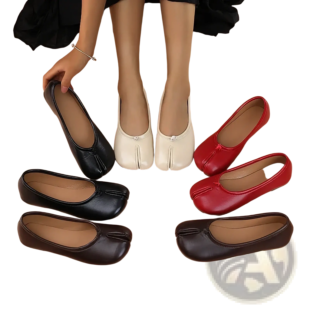 Black leather tabi flat shoes with a smooth glossy finish and subtle stitching details on the tab toe