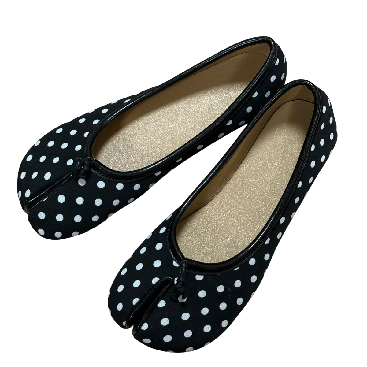 Tabi leather flat shoes in black and white polka dot pattern with distinctive split-toe design