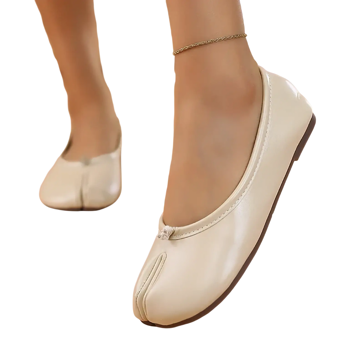 Cream-colored leather tabi flat shoes with subtle stitched design and rounded toe for comfortable wear