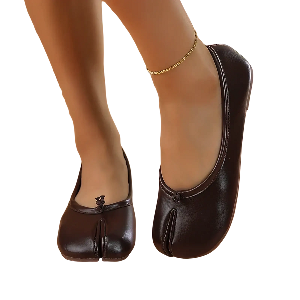 Dark brown leather tabi flat shoes with stitched toe separation and small decorative knot at the front