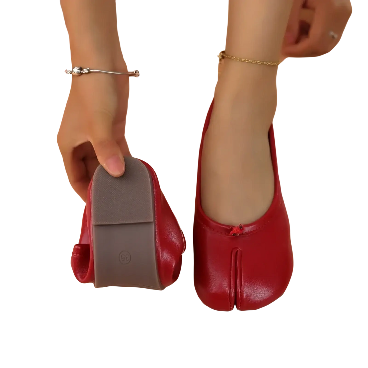 Red leather tabi leather flat shoes with gray rubber sole and small red bow detail on the front