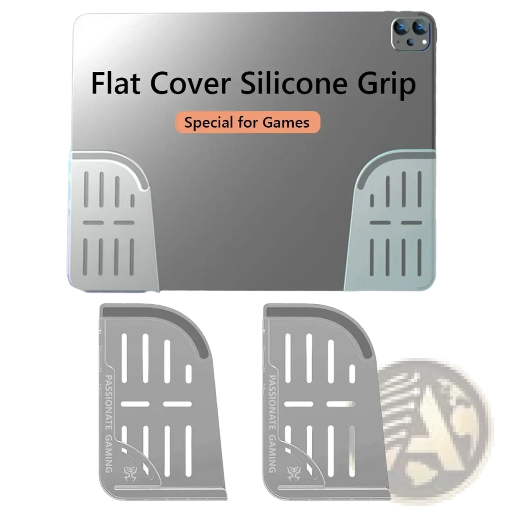 Silver silicone grip flat cover for gaming tablets with textured surface vertical slits and passionate gaming logo