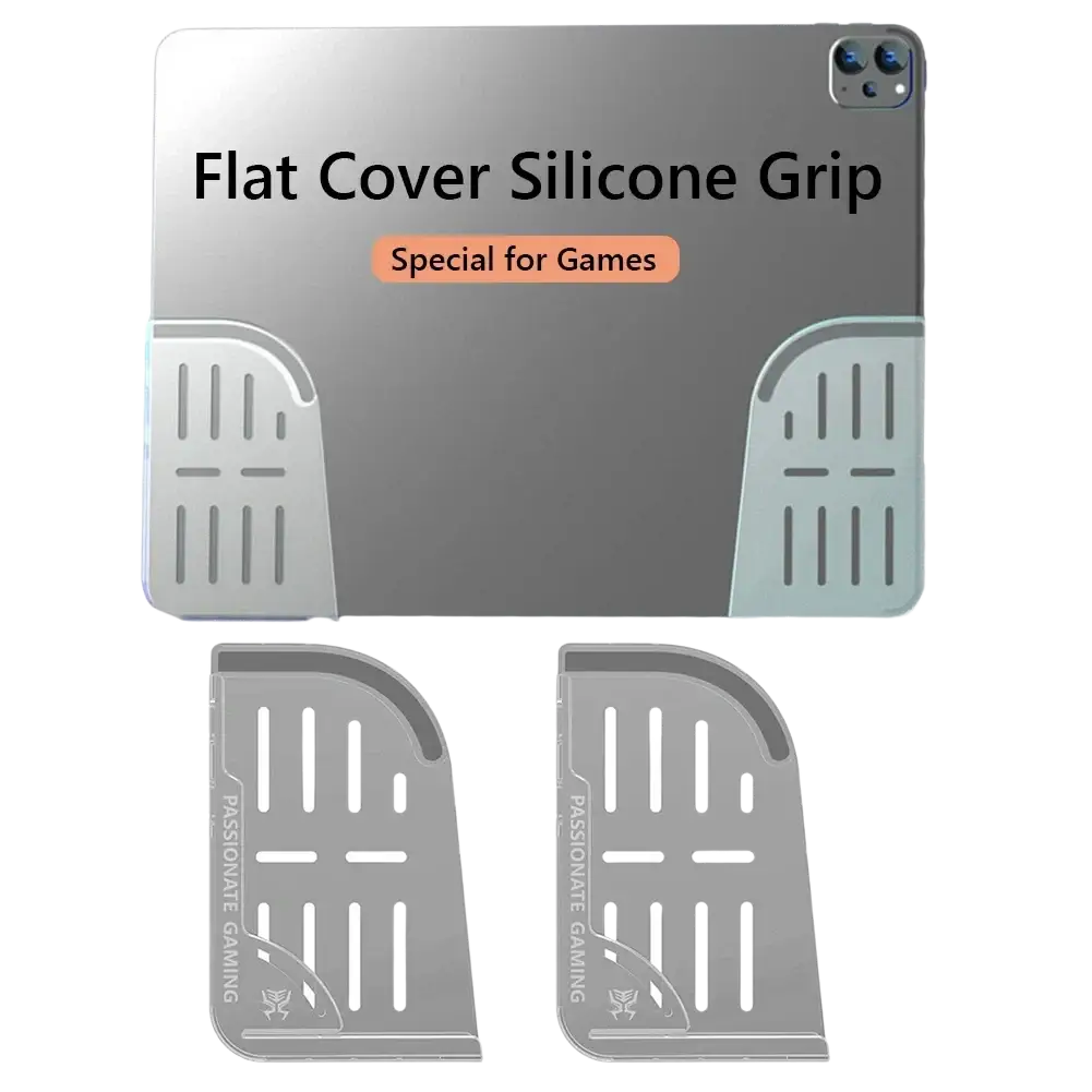 Silver silicone grip flat cover for gaming tablets with textured surface vertical slits and passionate gaming logo