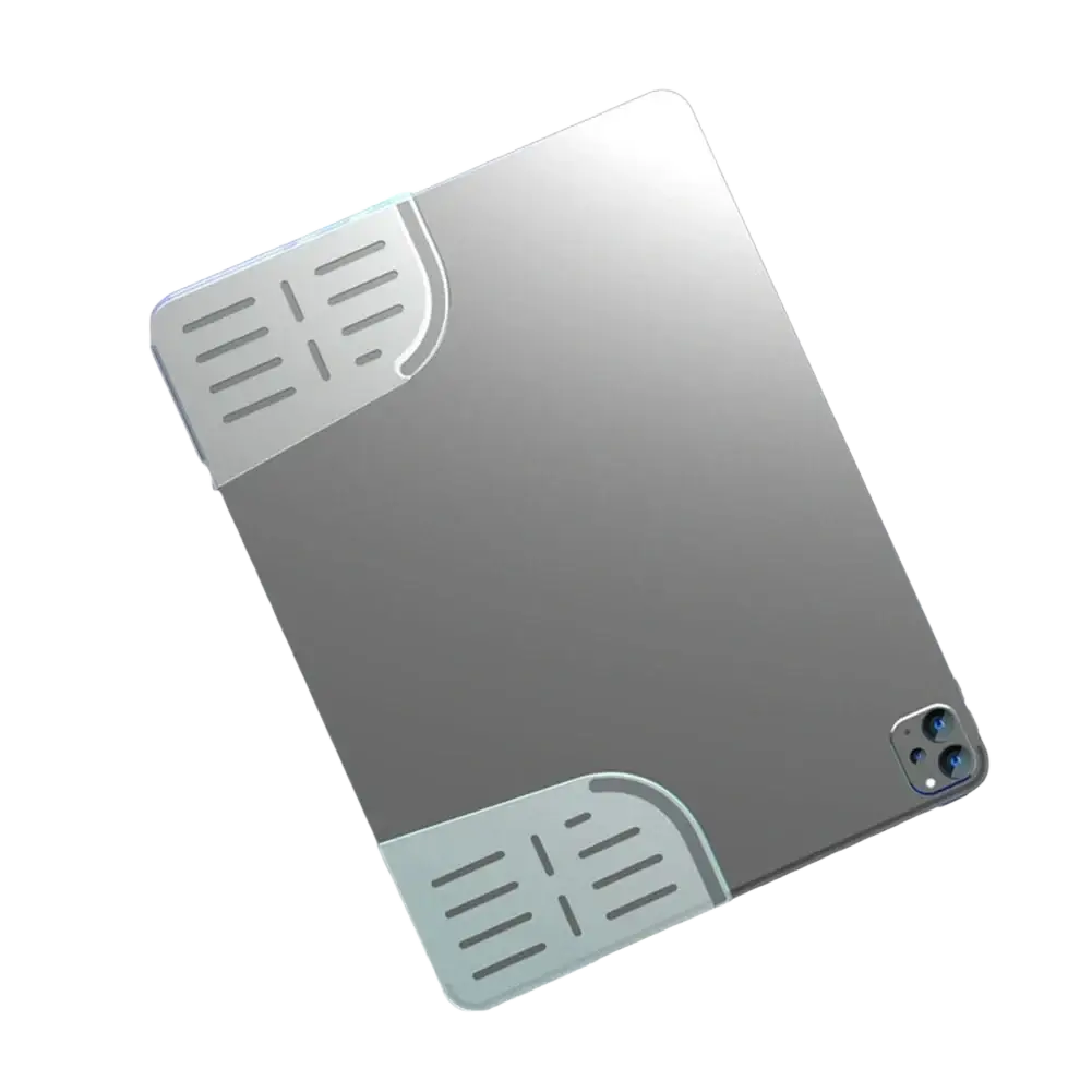 Silver reflective tablet gaming grip case with matte gray silicone accents and vented corners for mobile controller use