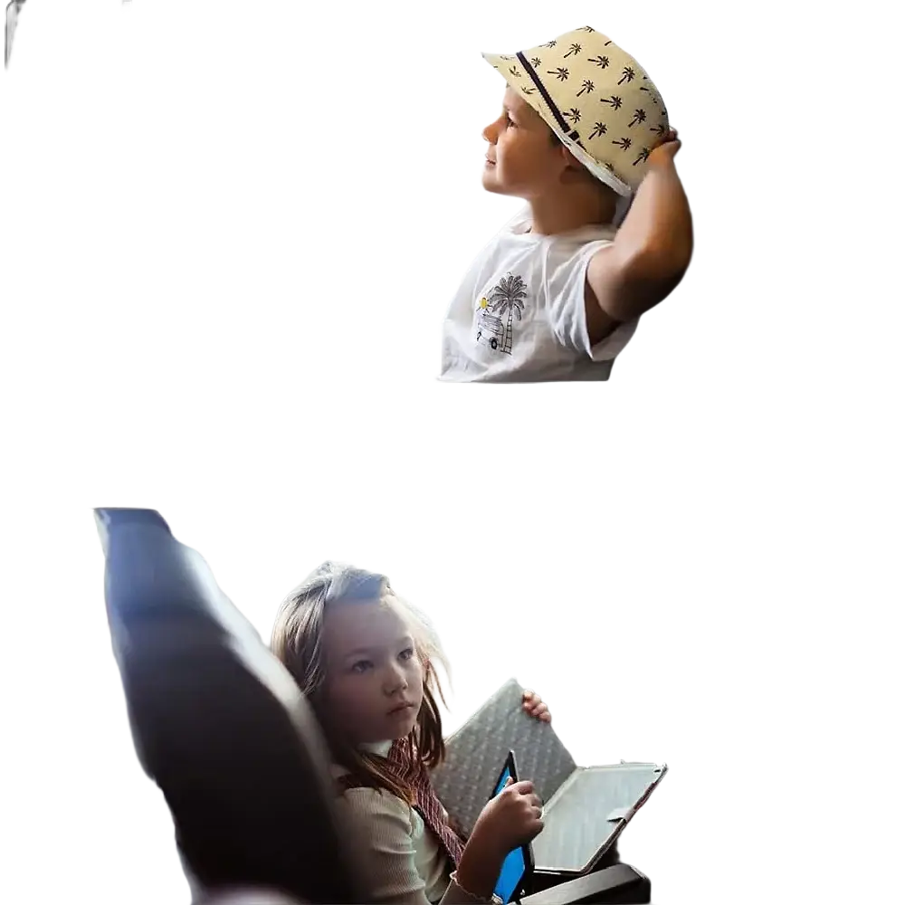 Black tablet holder with palm tree patterned strap designed to clip on airplane tray for secure children use