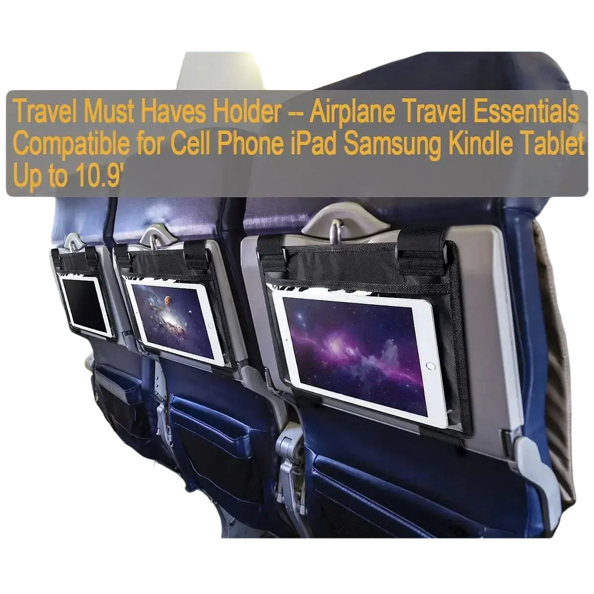 Black fabric tablet holder for airplane travel with adjustable straps securely mounting tablets or phones