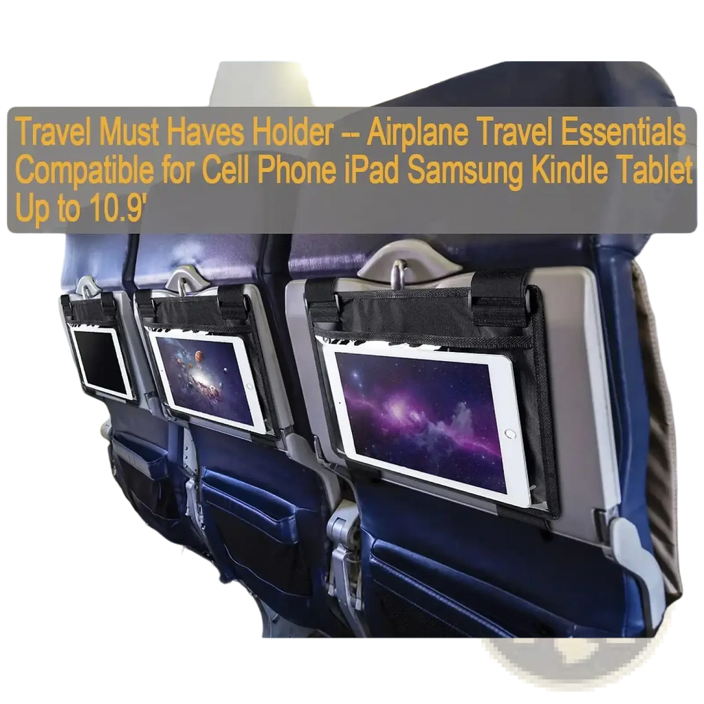 Black fabric tablet holder for airplane travel with adjustable straps securely mounting tablets or phones