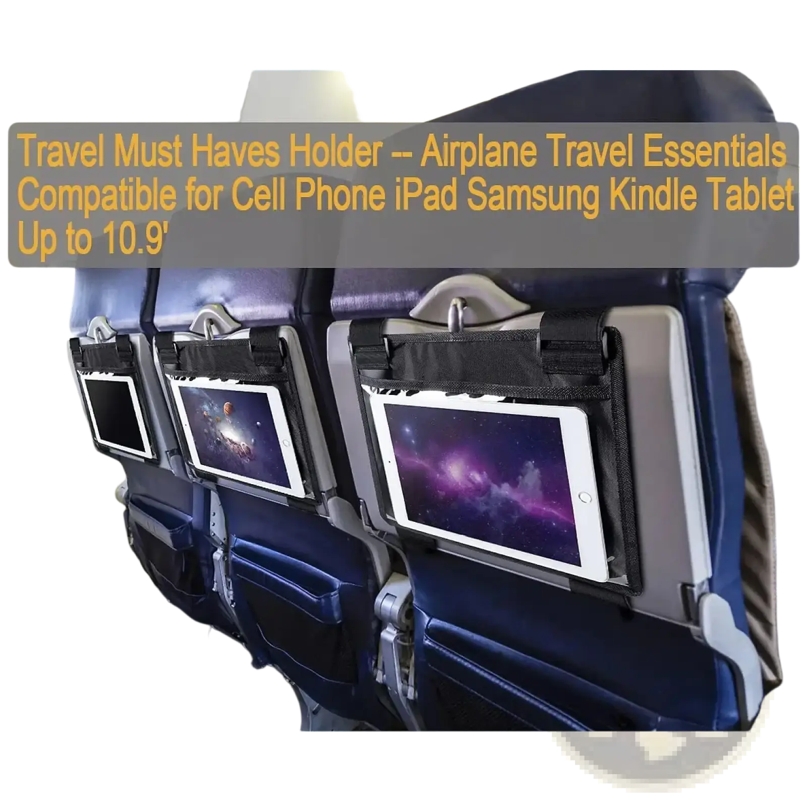 Black fabric tablet holder for airplane travel with adjustable straps securely mounting tablets or phones