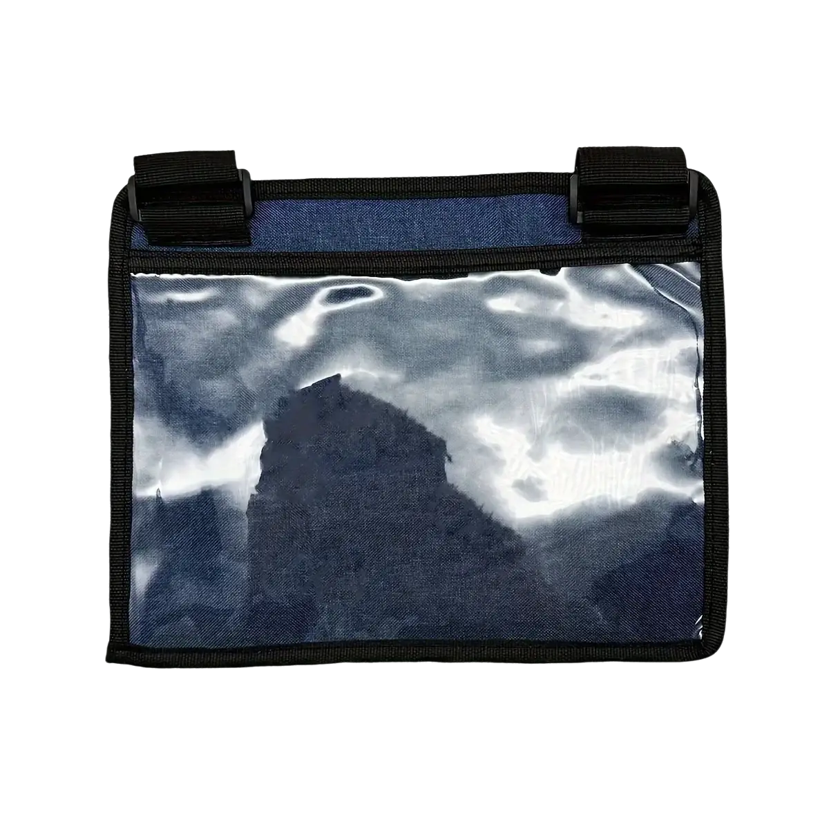 Black-framed transparent tablet holder with blue denim interior and black straps designed for airplane travel use