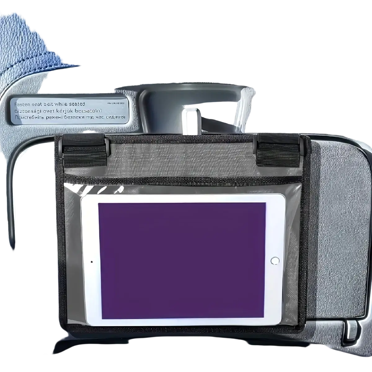 Black and gray tablet holder for airplane travel with clear plastic front securing an ipad visible from back side