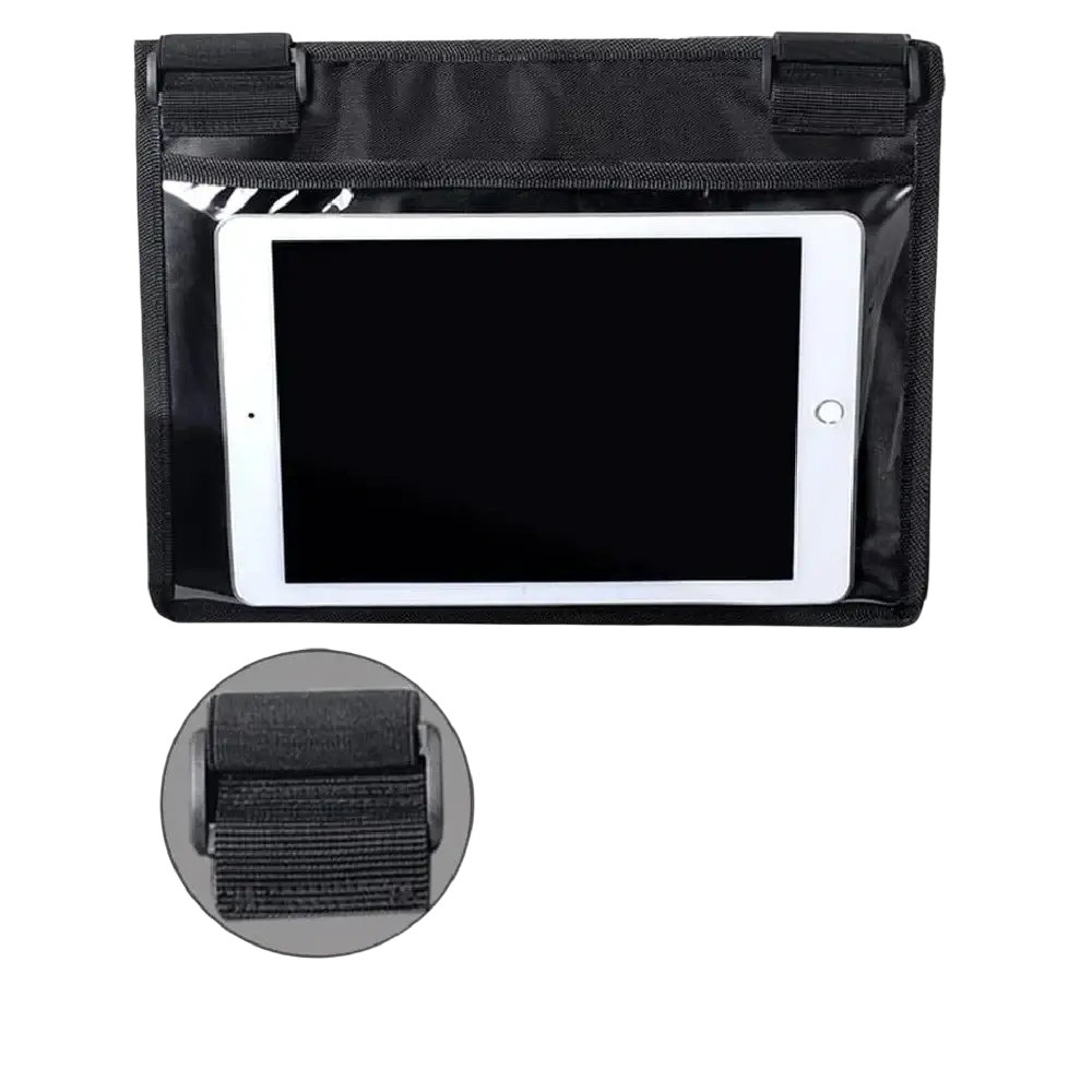 Black tablet holder for airplane travel with transparent front panel and adjustable belt straps for secure fit