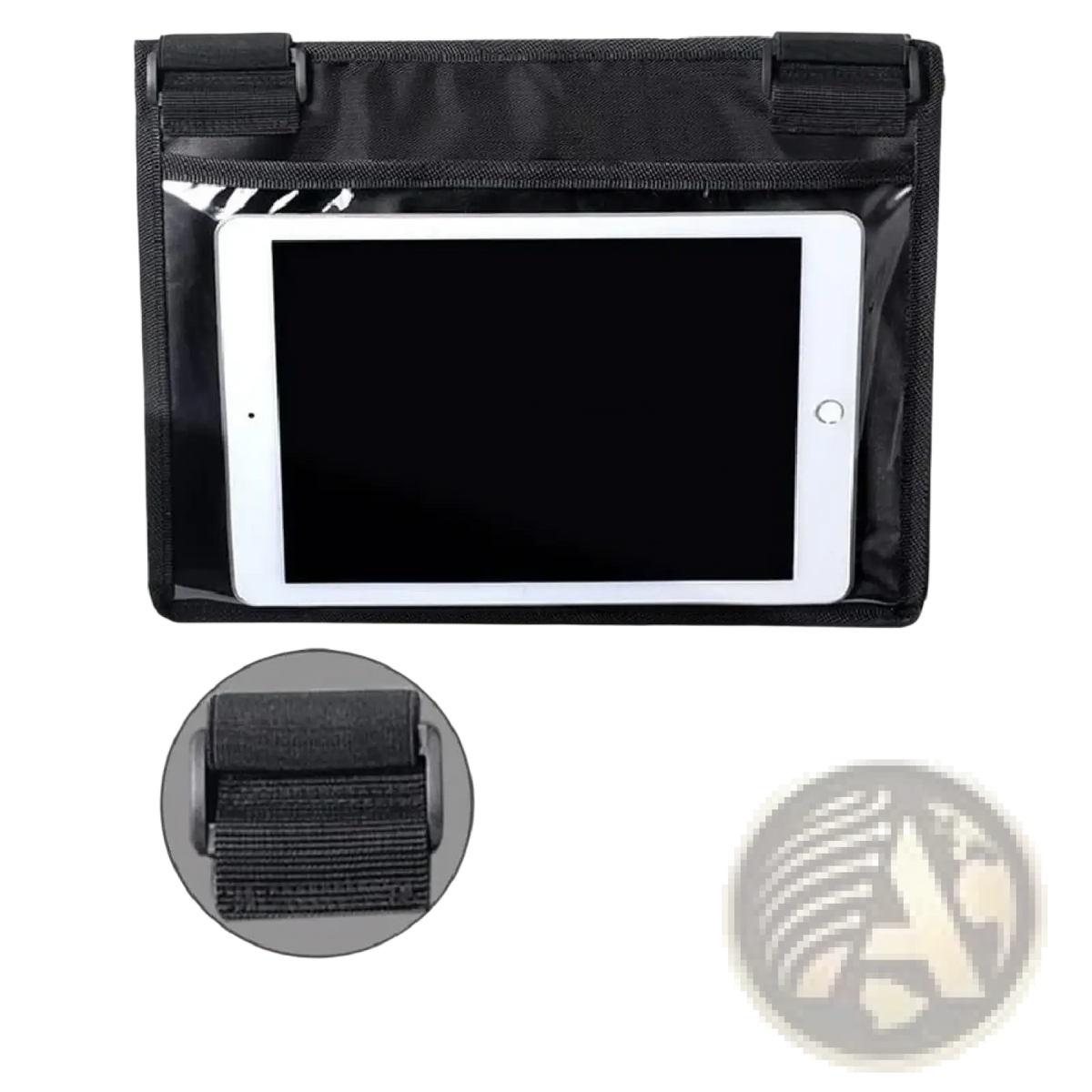 Black tablet holder for airplane travel with transparent front panel and adjustable belt straps for secure fit