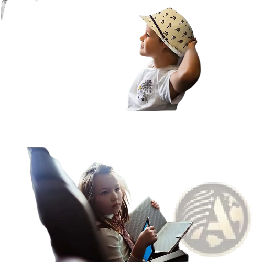 Black tablet holder with palm tree patterned strap designed to clip on airplane tray for secure children use