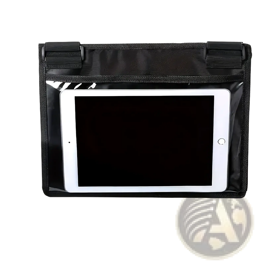 Black waterproof tablet holder for airplane travel with transparent front panel and adjustable strap buckles