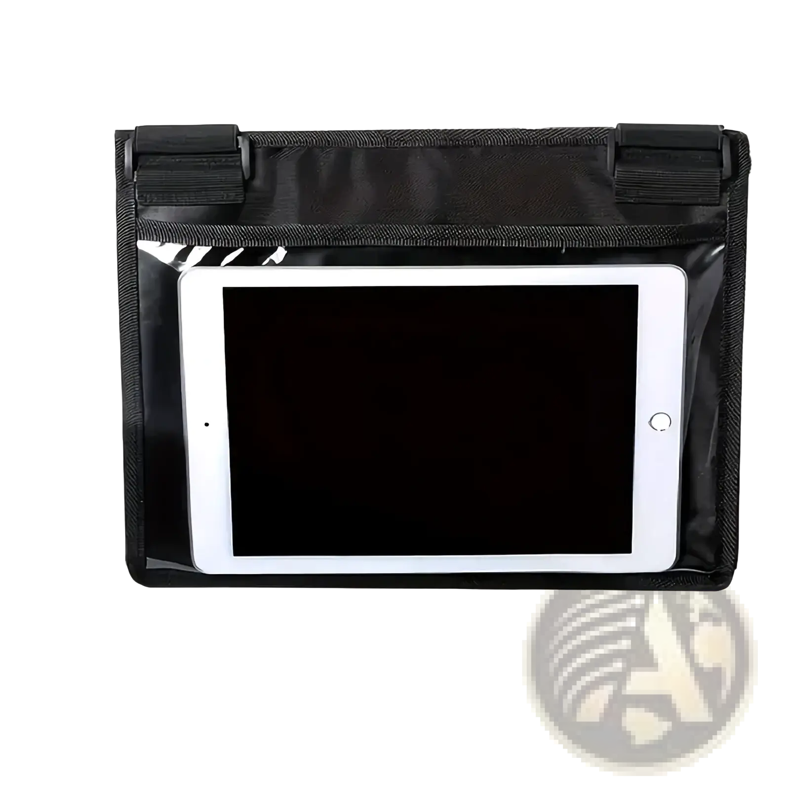 Black waterproof tablet holder for airplane travel with transparent front panel and adjustable strap buckles