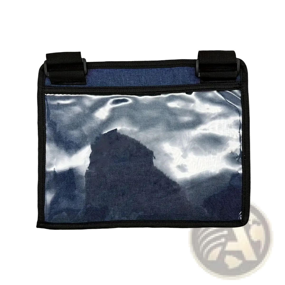 Black-framed transparent tablet holder with blue denim interior and black straps designed for airplane travel use