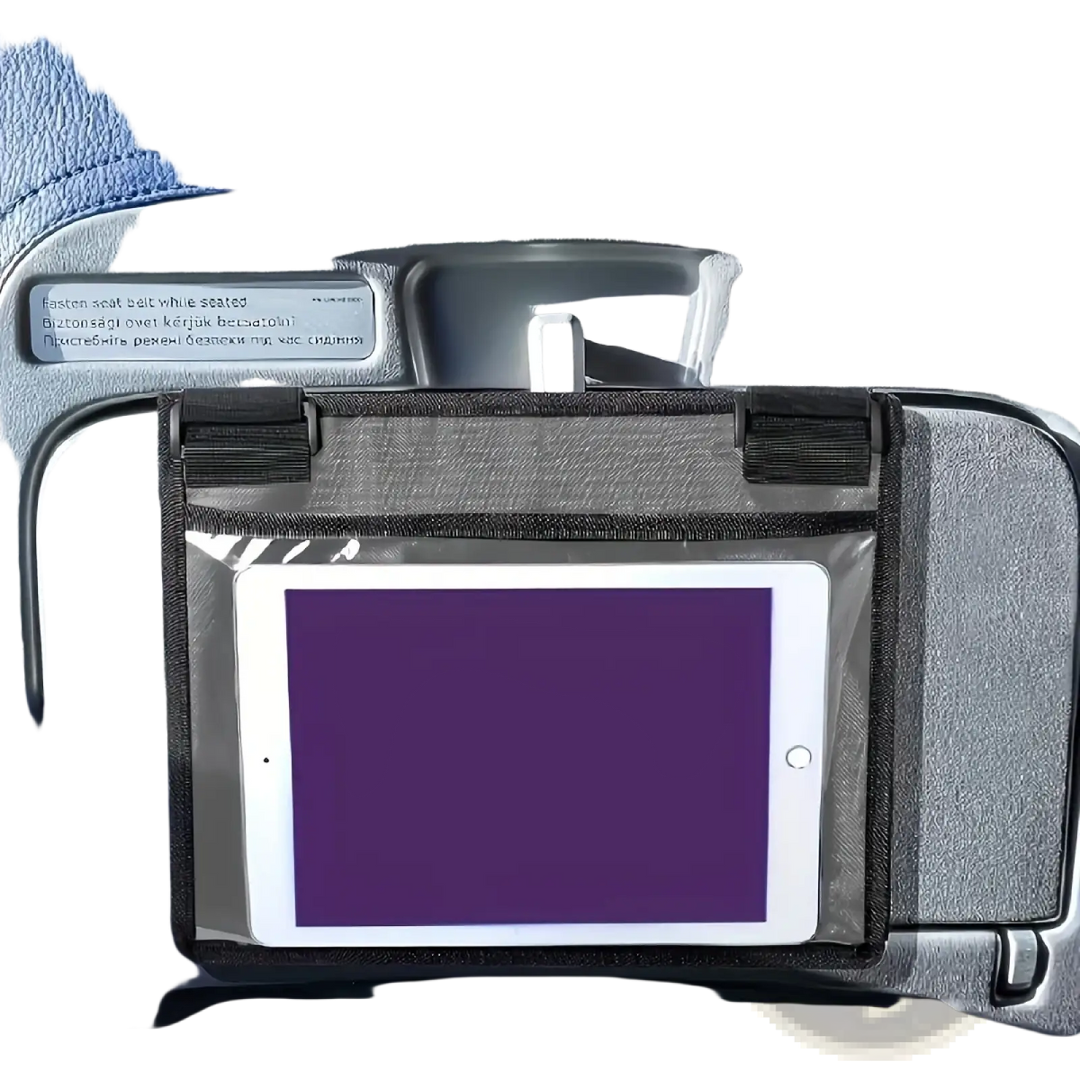 Black and gray tablet holder for airplane travel with clear plastic front securing an ipad visible from back side