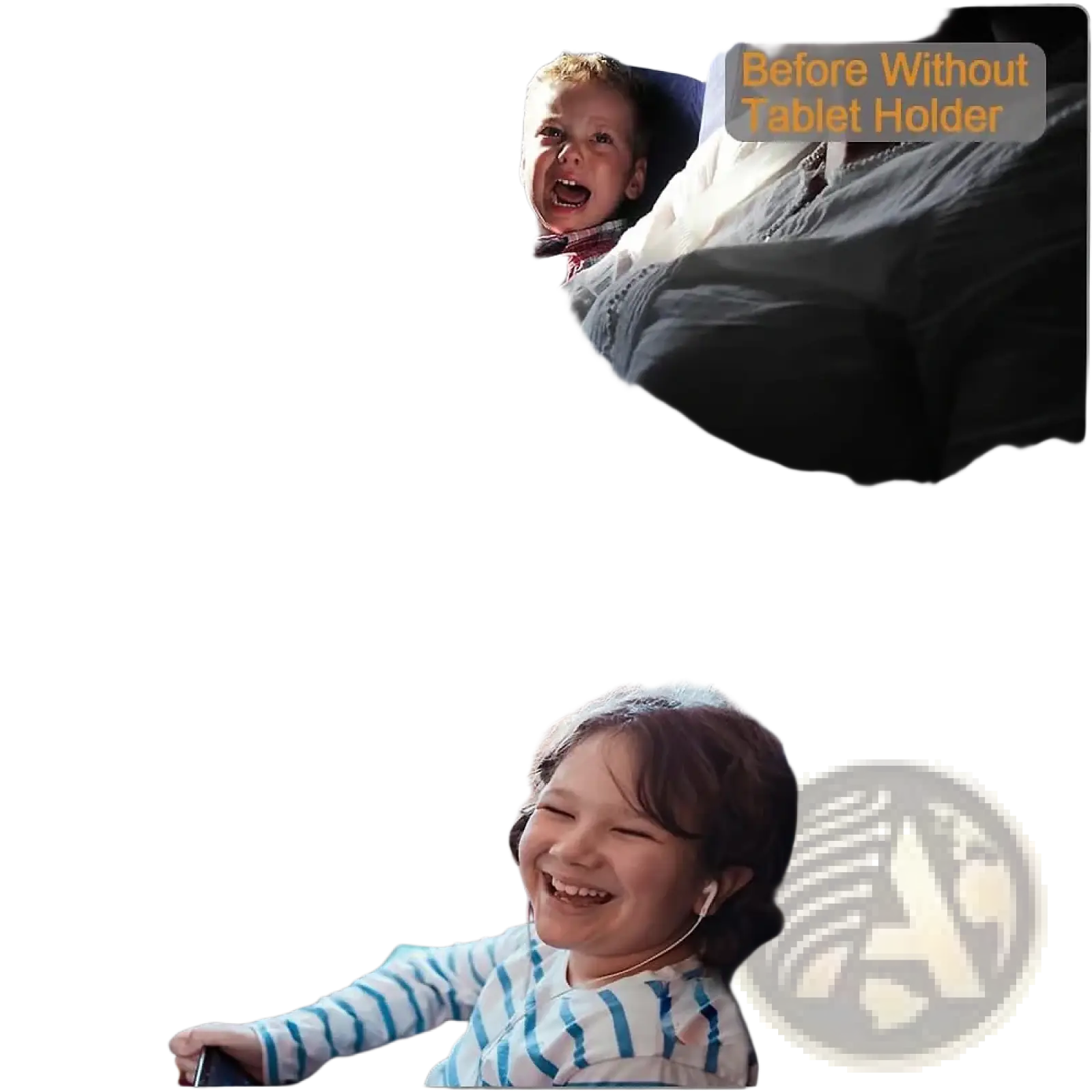 White plastic tablet holder mounted on airplane seatback designed for secure tablet use during airplane travel