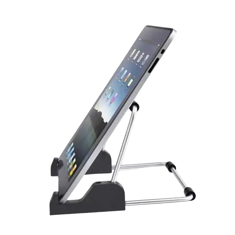 Black and silver foldable adjustable aluminum tablet holder stand holding a smartphone universal stand at an angle