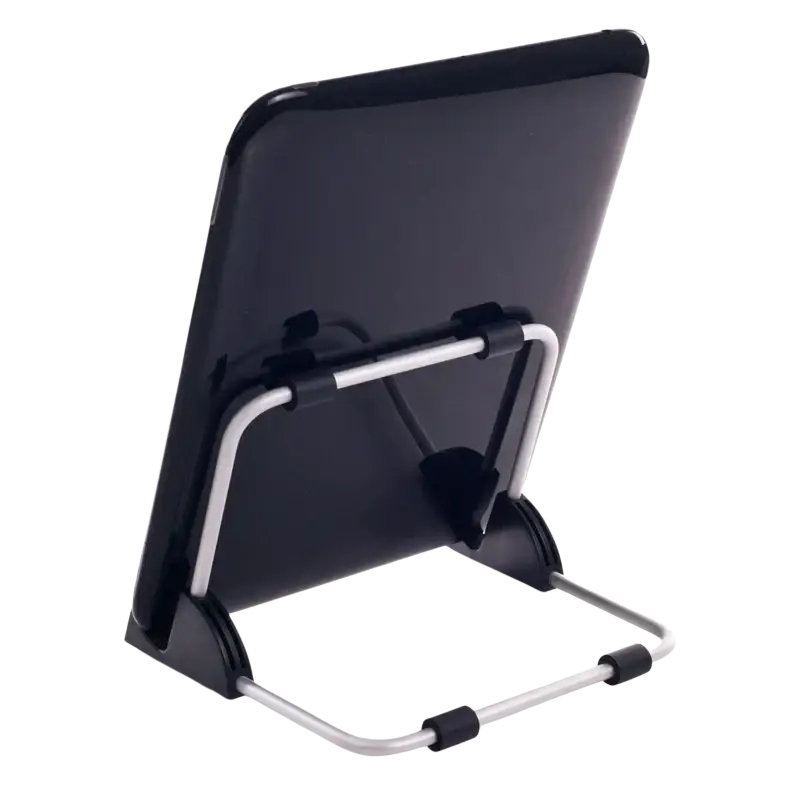 Black and silver foldable adjustable aluminum tablet holder stand with universal arms for secure device support