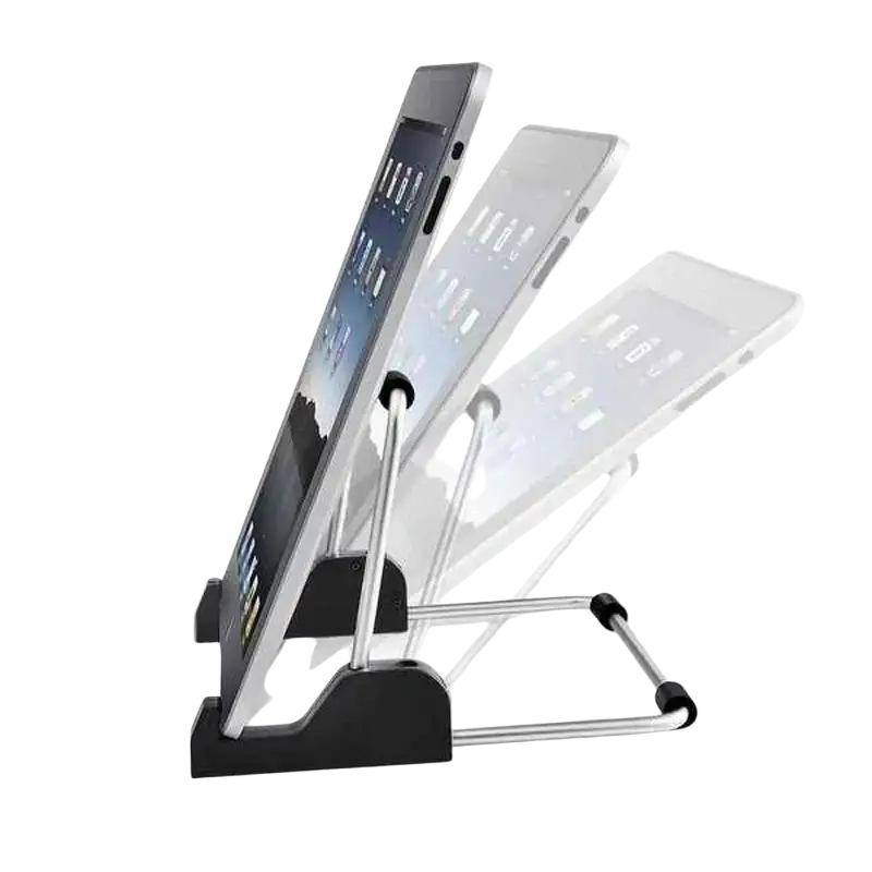 Adjustable silver metal universal tablet holder stand with black plastic base and rubberized grips for secure support