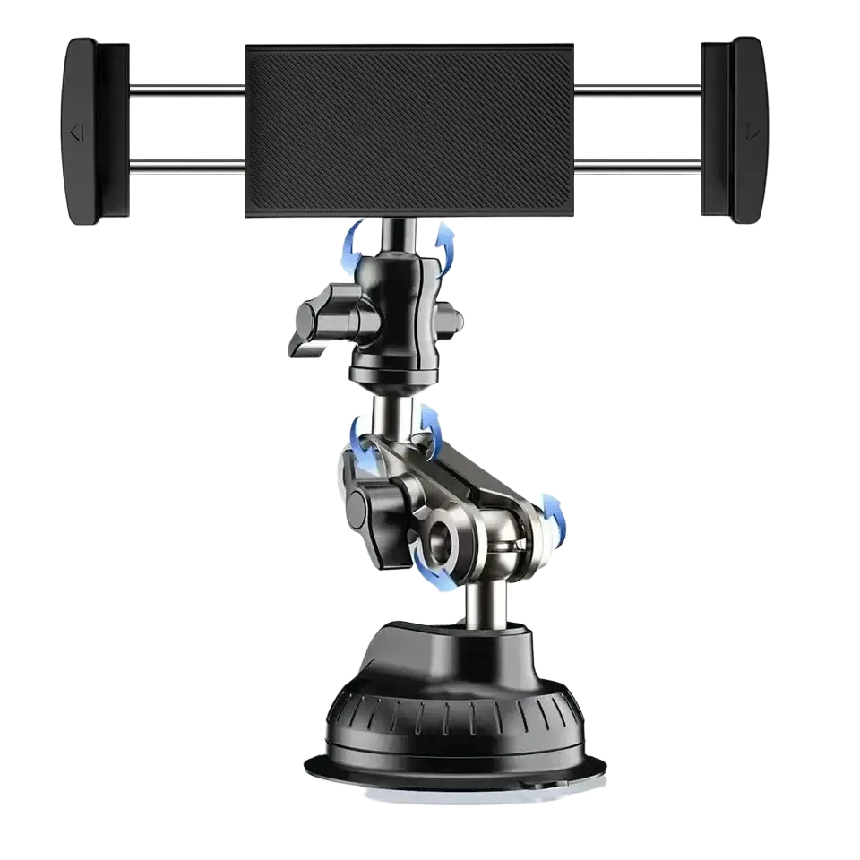 Black adjustable tablet holder with suction cup base and 360-degree swivel joints for similar size devices