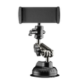 Black adjustable tablet holder with suction cup base and articulated arm for similar size devices and windshield mounting