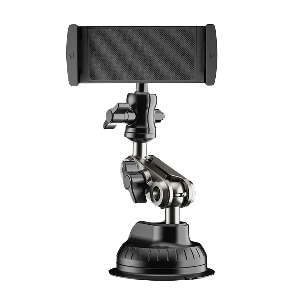 Black adjustable tablet holder with suction cup base and articulated arm for similar size devices and windshield mounting