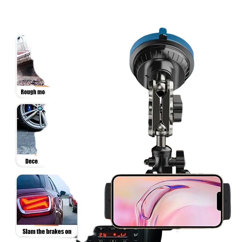 Black metal tablet holder with adjustable arm and suction cup base for similar size devices on windshield mount