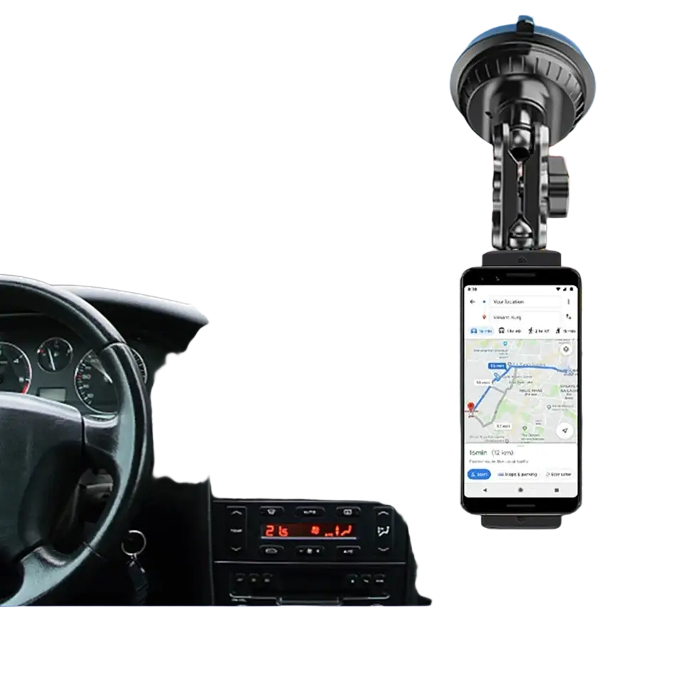Black smartphone mounted on tablet holder suction cup windshield mount for similar size devices in car use