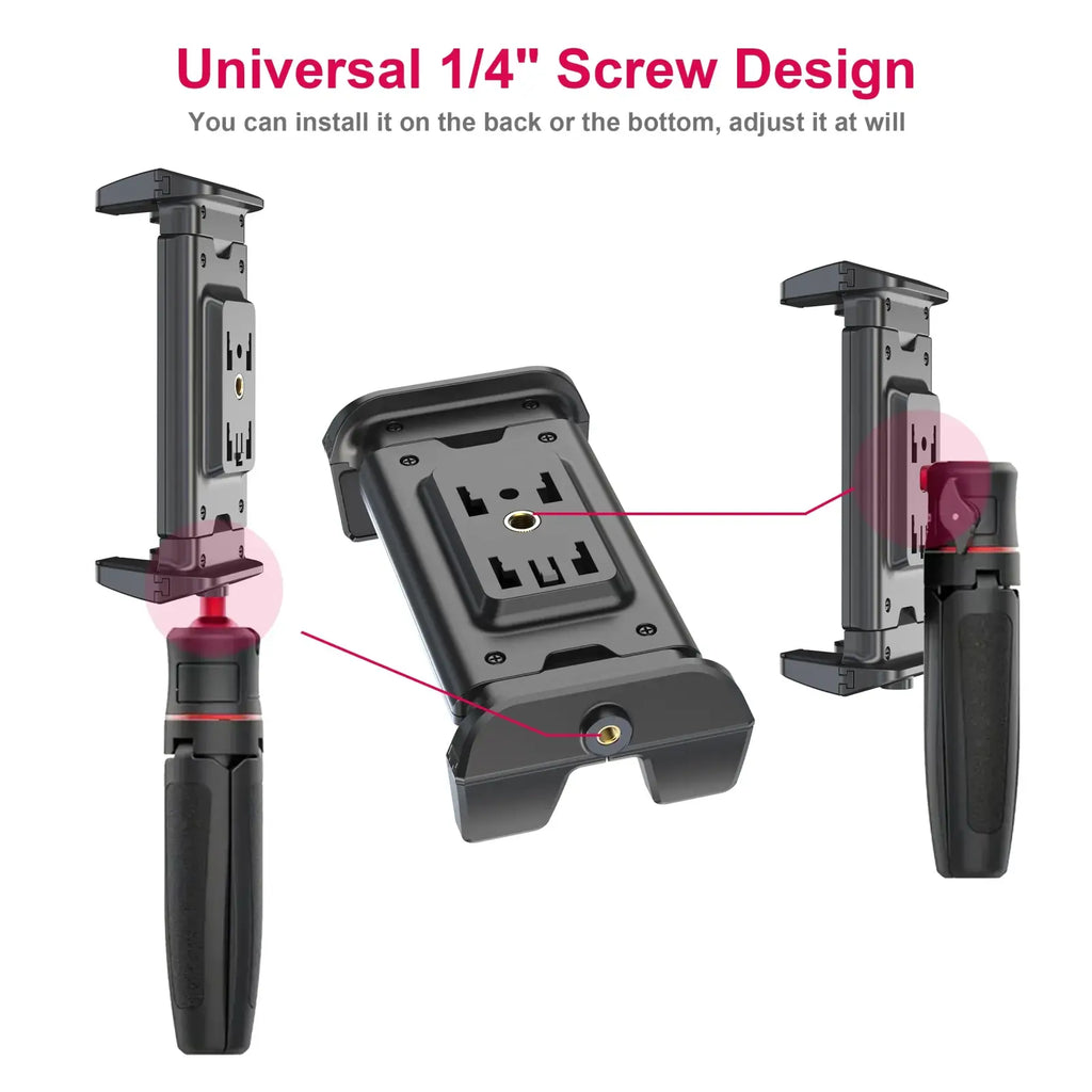 Black universal 1/4 inch screw mount bracket with adjustable length clamp and textured grip for tablet holder tripod