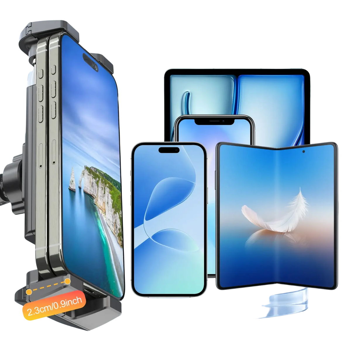 Black metal phone and tablet clamp with adjustable clamping thickness 2.3cm for tablet holder tripod adjustable length