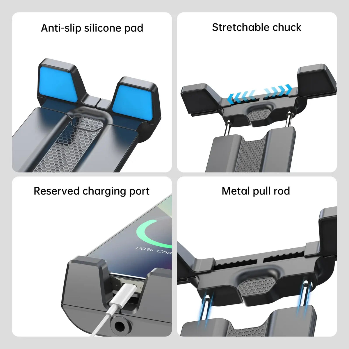 Black tablet holder tripod with adjustable length metal chuck and blue anti-slip silicone pads for secure mounting