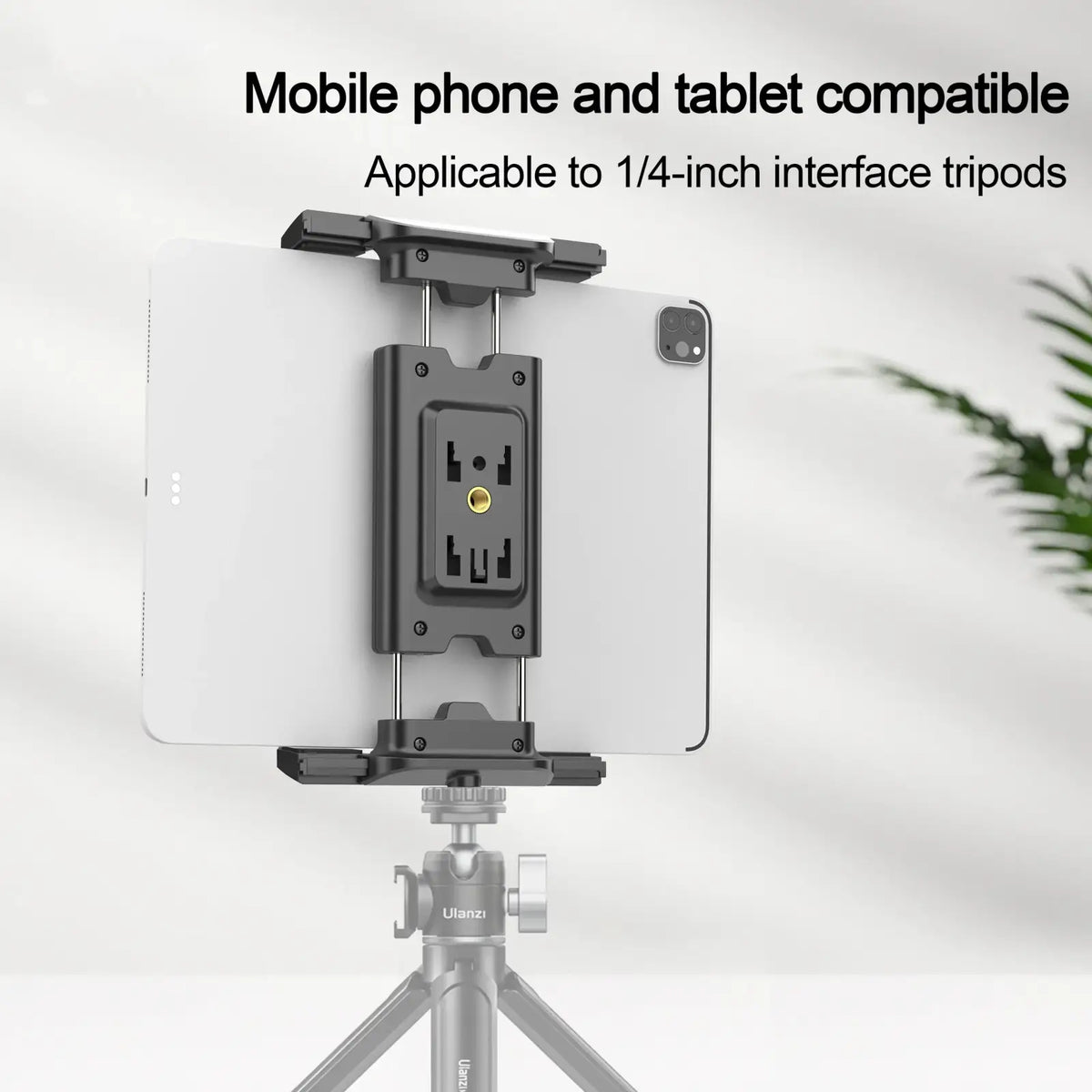 Black adjustable length tablet holder tripod mount compatible with 1/4-inch tripod interfaces for phones and tablets
